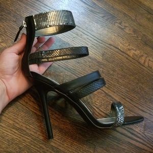 Bebe strappy black and silver zip up heels size 8